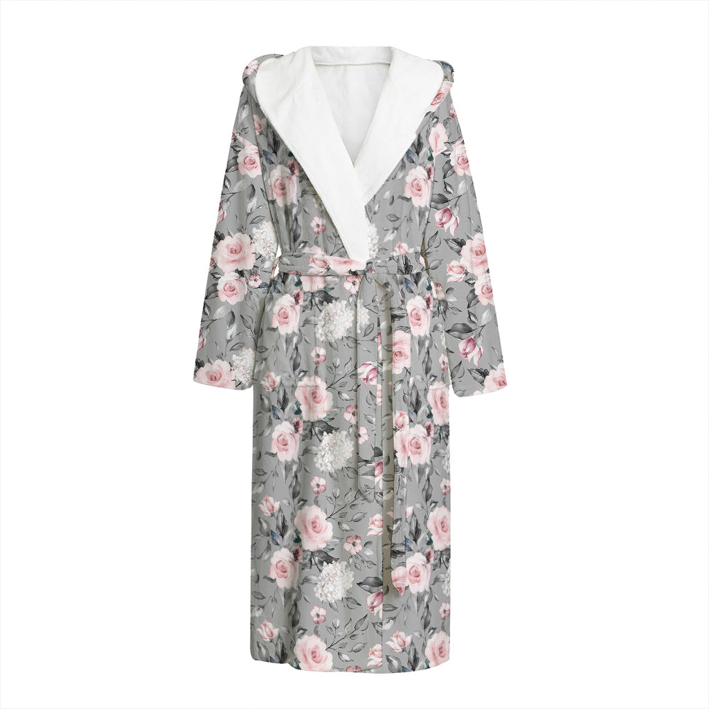 Monochrome Spring Floral Print Hooded Bathrobe