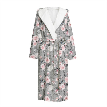 Monochrome Spring Floral Print Hooded Bathrobe