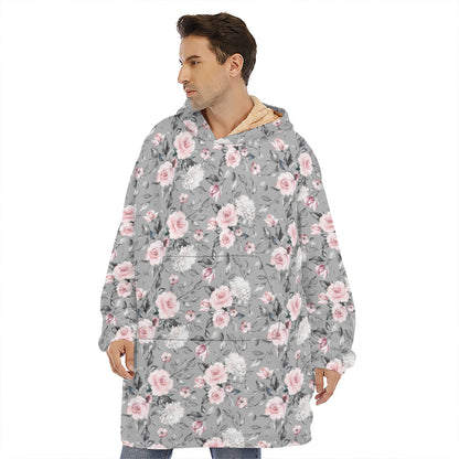 Monochrome Spring Floral Print Hoodie Blanket