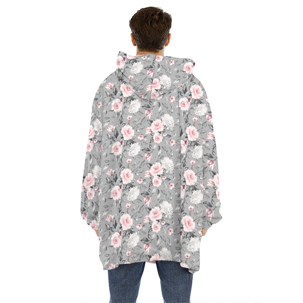Monochrome Spring Floral Print Hoodie Blanket