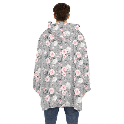 Monochrome Spring Floral Print Hoodie Blanket