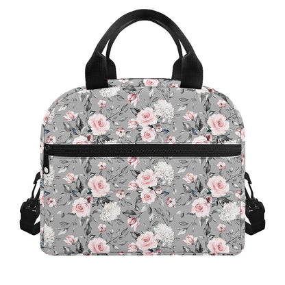 Monochrome Spring Floral Print Insulated Lunch Bag