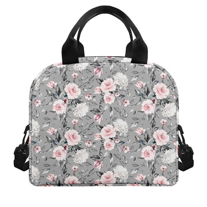 Monochrome Spring Floral Print Insulated Lunch Bag