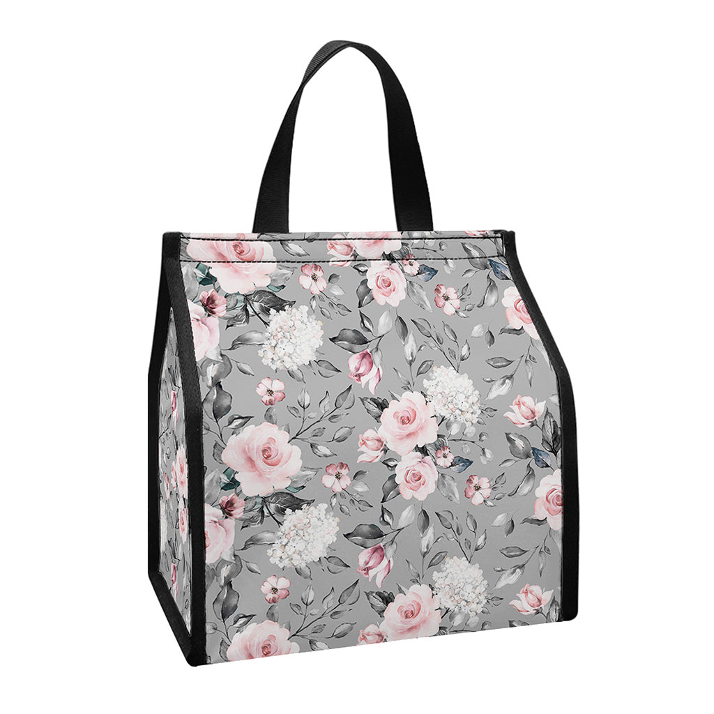 Monochrome Spring Floral Print Insulated Lunch Tote
