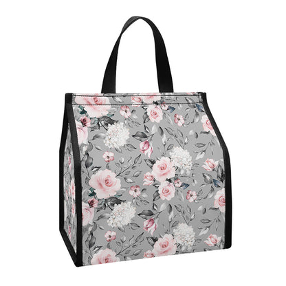 Monochrome Spring Floral Print Insulated Lunch Tote