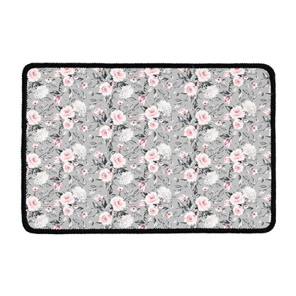 Monochrome Spring Floral Print Kitchen Mat