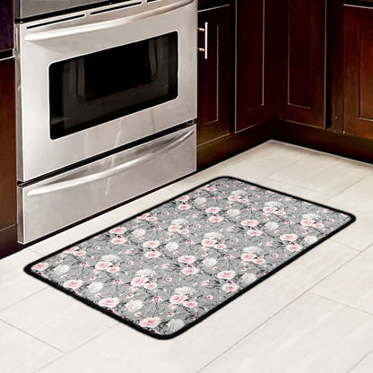 Monochrome Spring Floral Print Kitchen Mat