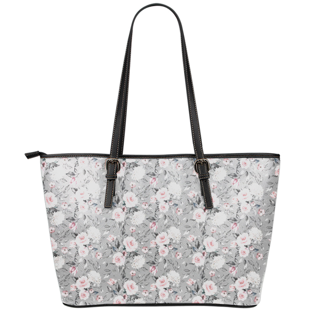 Monochrome Spring Floral Print Leather Tote Bag