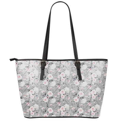 Monochrome Spring Floral Print Leather Tote Bag