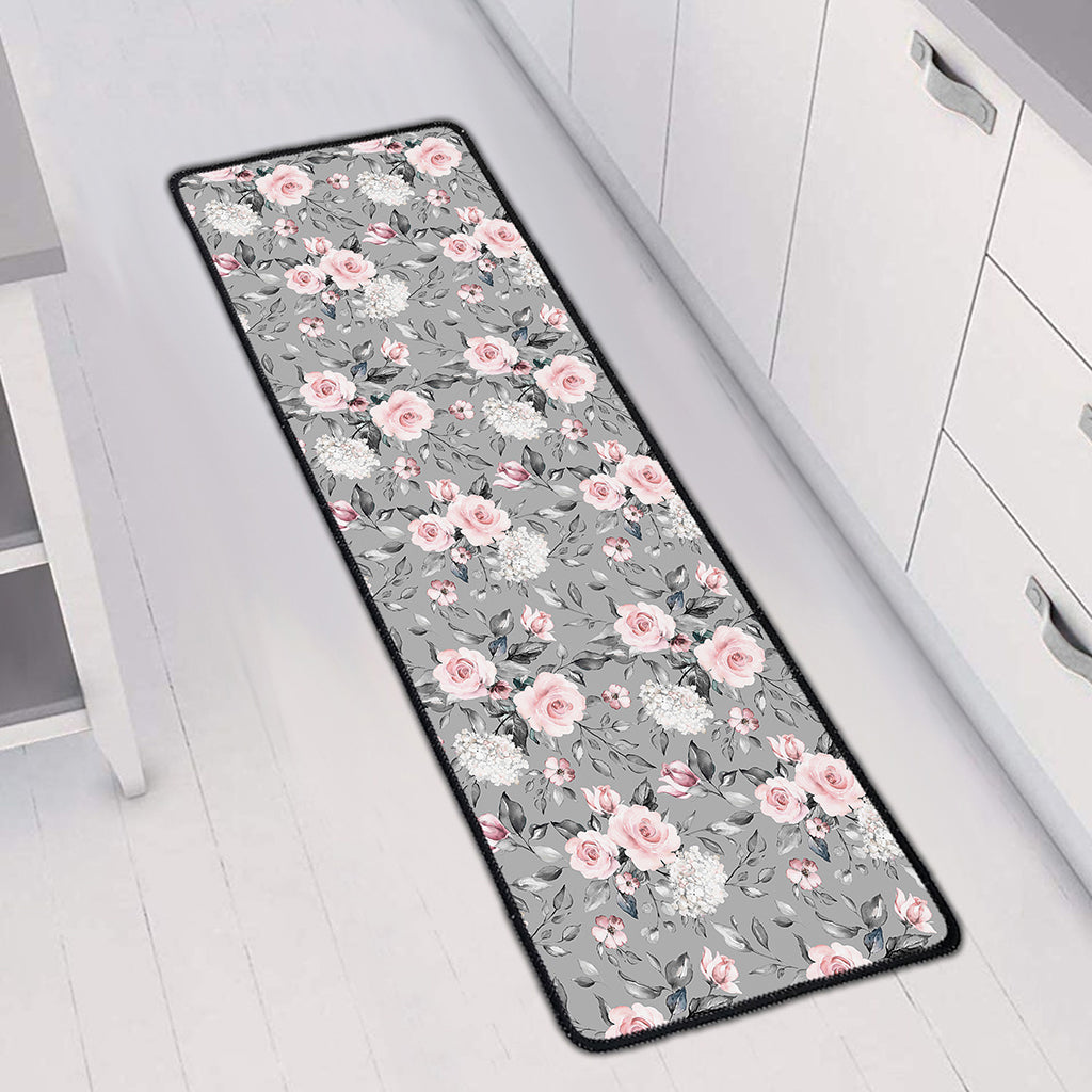 Monochrome Spring Floral Print Long Kitchen Mat