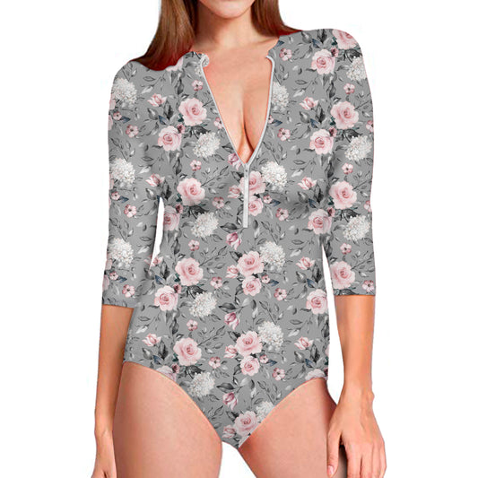 Monochrome Spring Floral Print Long Sleeve Swimsuit