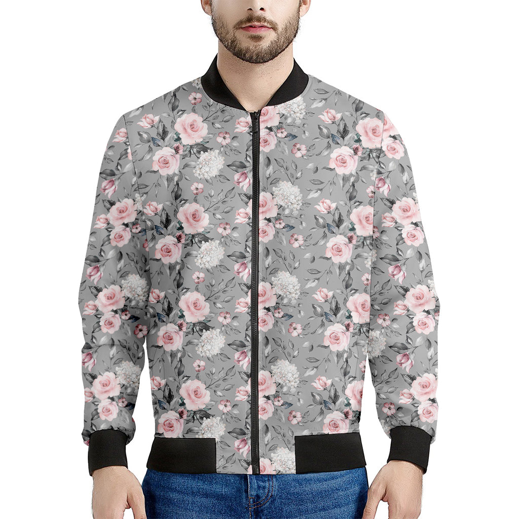 Monochrome Spring Floral Print Men's Bomber Jacket