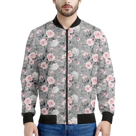 Monochrome Spring Floral Print Men's Bomber Jacket