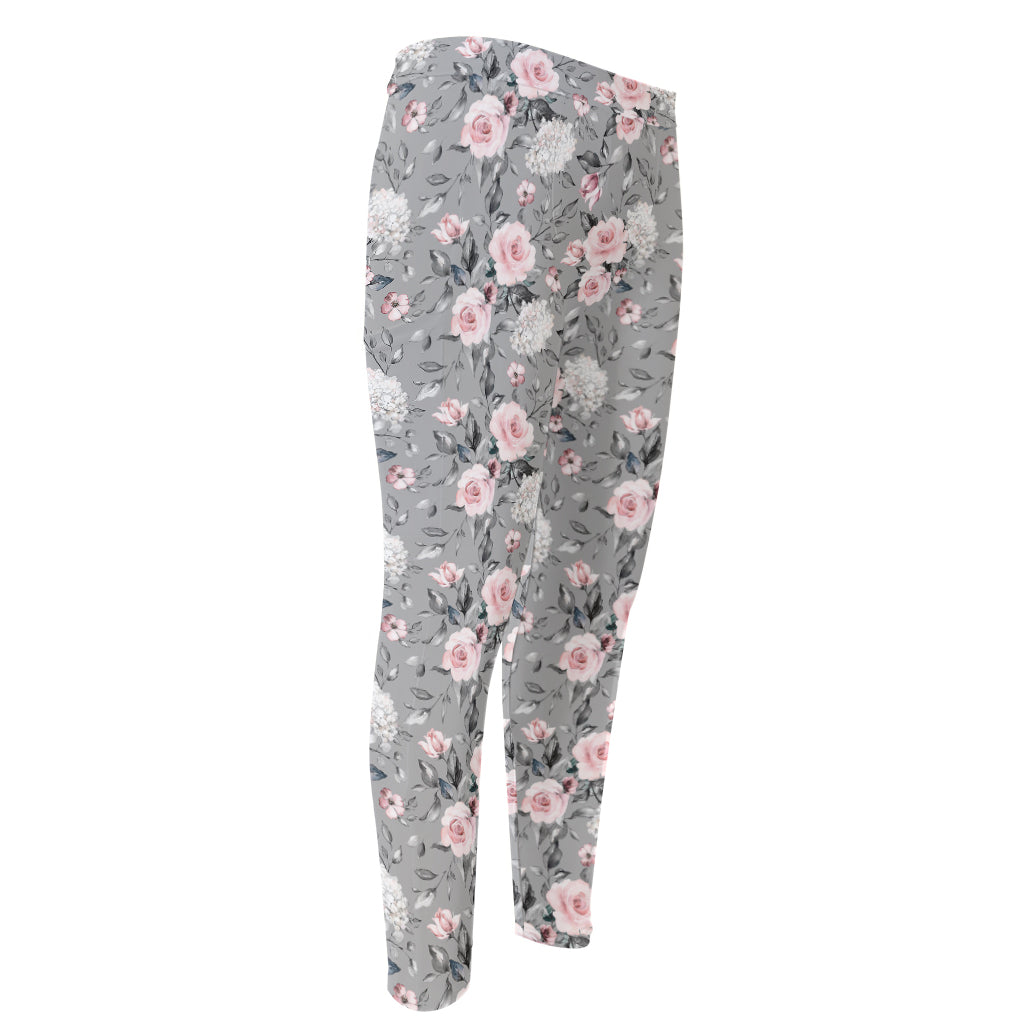 Monochrome Spring Floral Print Men's Compression Pants