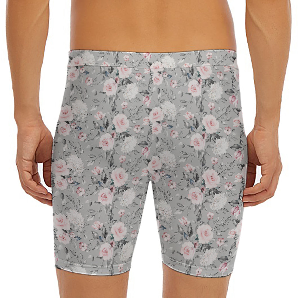 Monochrome Spring Floral Print Men's Long Boxer Briefs