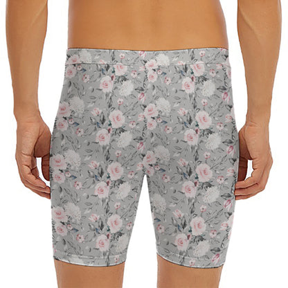 Monochrome Spring Floral Print Men's Long Boxer Briefs