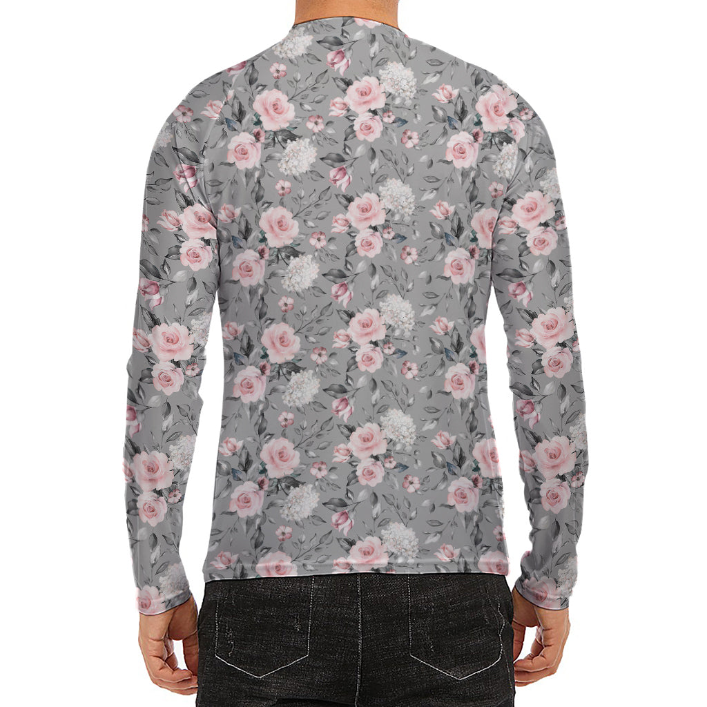 Monochrome Spring Floral Print Men's Long Sleeve Rash Guard