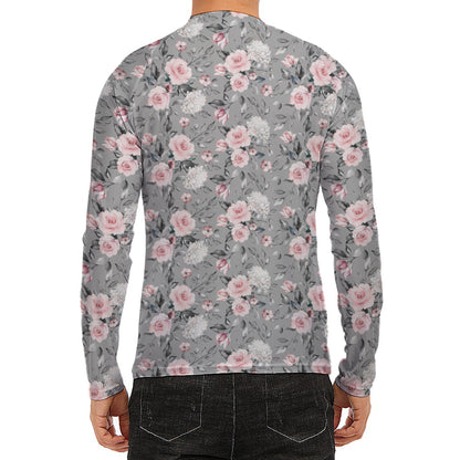 Monochrome Spring Floral Print Men's Long Sleeve Rash Guard