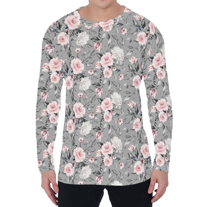 Monochrome Spring Floral Print Men's Long Sleeve T-Shirt