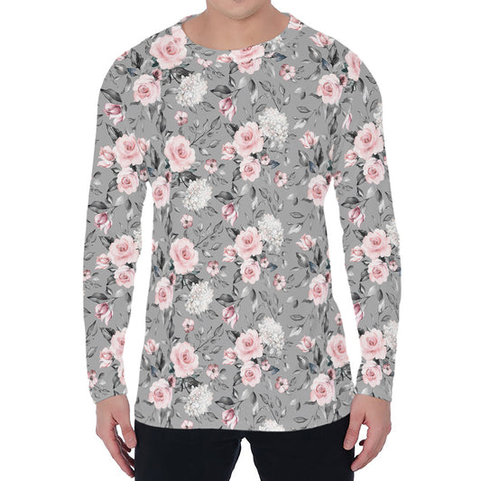 Monochrome Spring Floral Print Men's Long Sleeve T-Shirt
