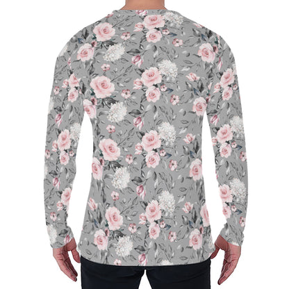 Monochrome Spring Floral Print Men's Long Sleeve T-Shirt