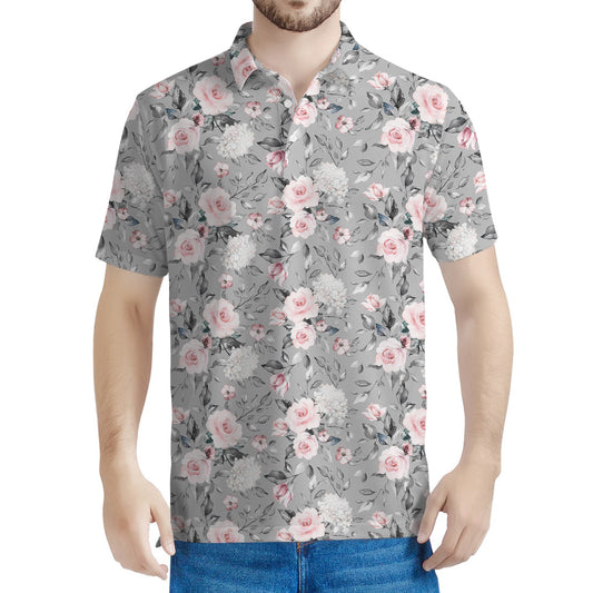 Monochrome Spring Floral Print Men's Polo Shirt