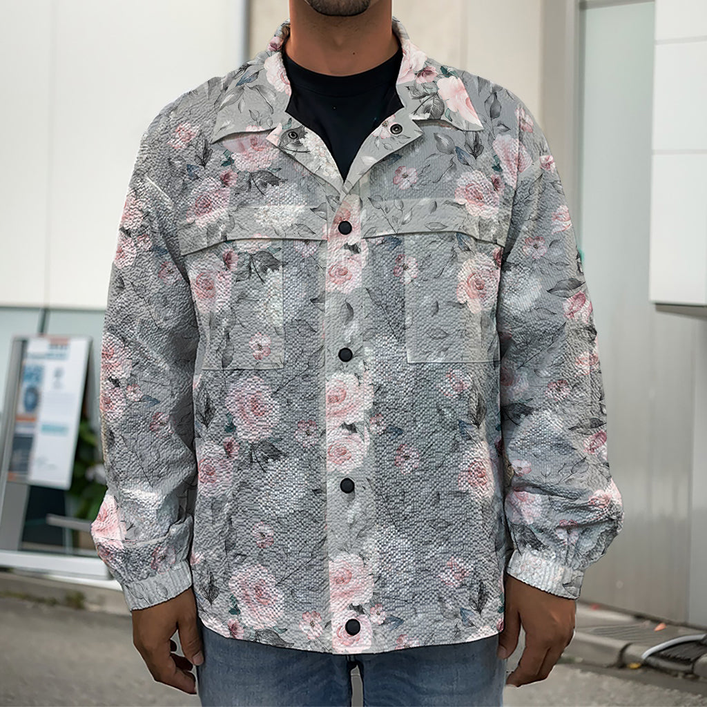 Monochrome Spring Floral Print Men's Shirt Jacket
