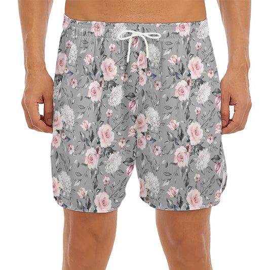 Monochrome Spring Floral Print Men's Split Running Shorts