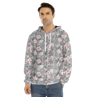 Monochrome Spring Floral Print Men's Velvet Pullover Hoodie