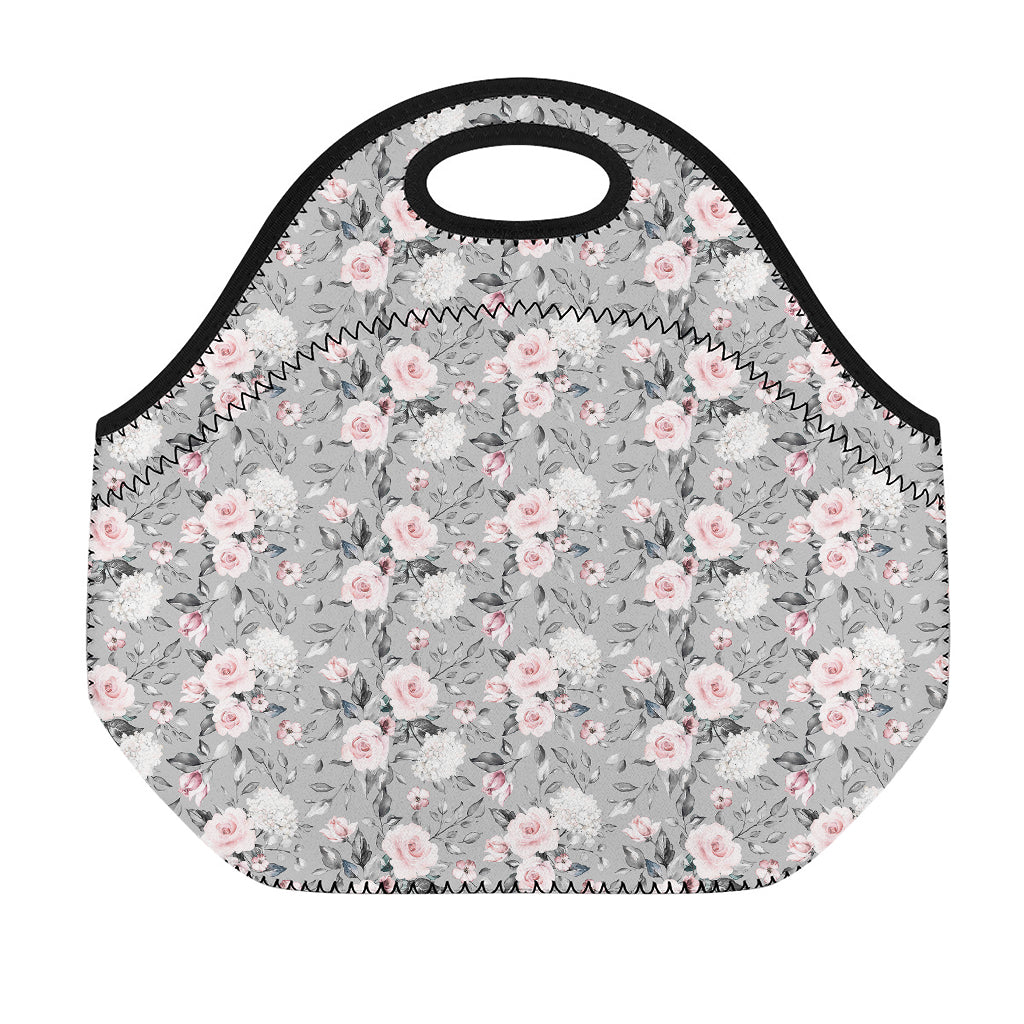 Monochrome Spring Floral Print Neoprene Lunch Bag