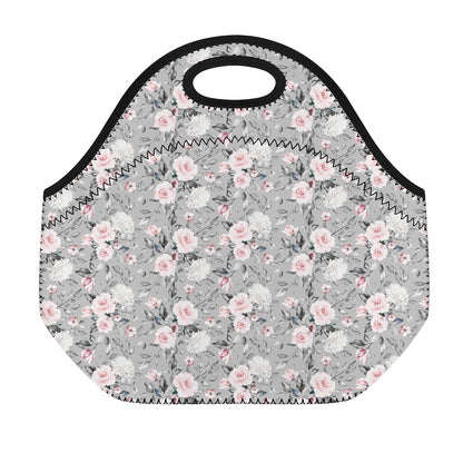 Monochrome Spring Floral Print Neoprene Lunch Bag