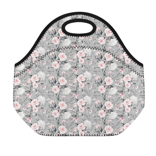 Monochrome Spring Floral Print Neoprene Lunch Bag