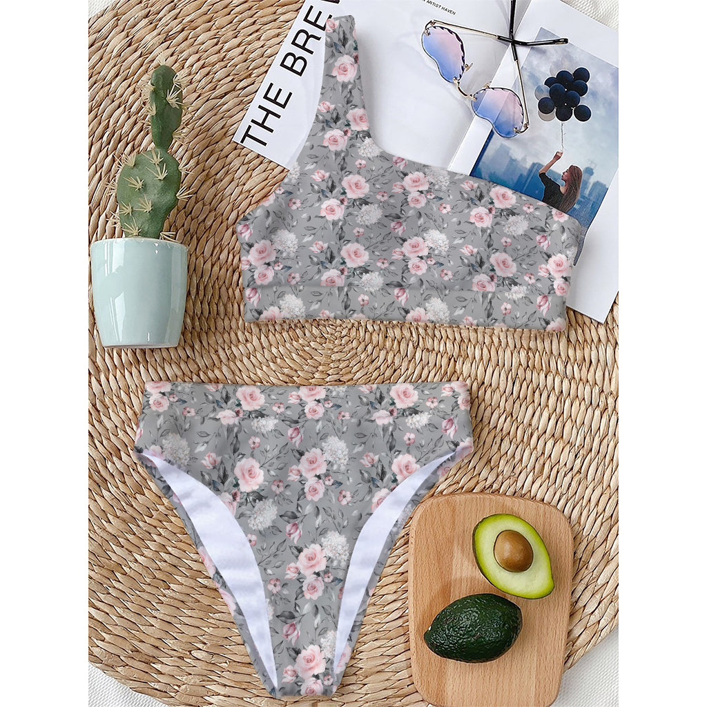 Monochrome Spring Floral Print One Shoulder Bikini Top