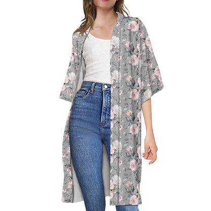 Monochrome Spring Floral Print Open Front Beach Cover Up
