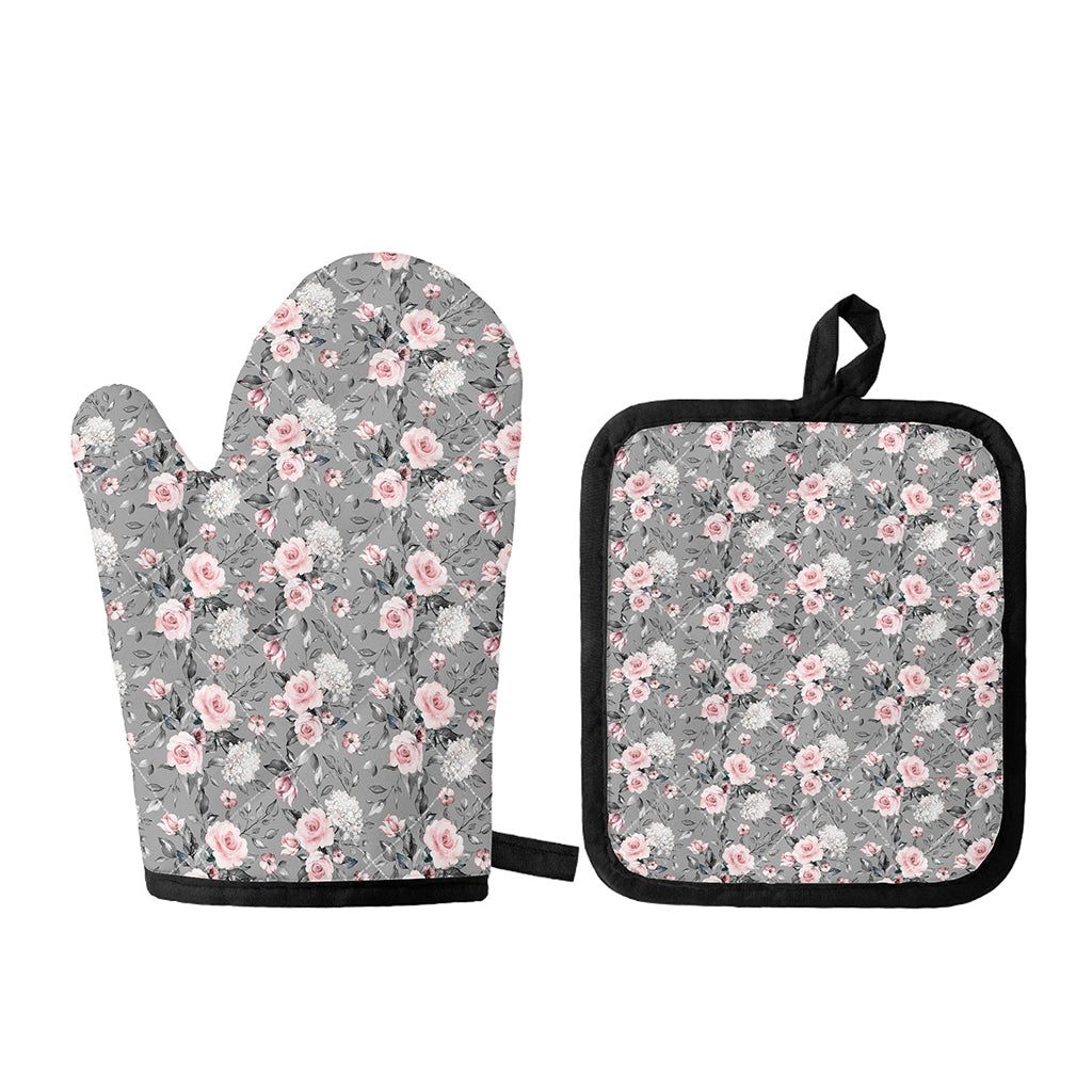 Monochrome Spring Floral Print Oven Mitt And Pot Holder Set