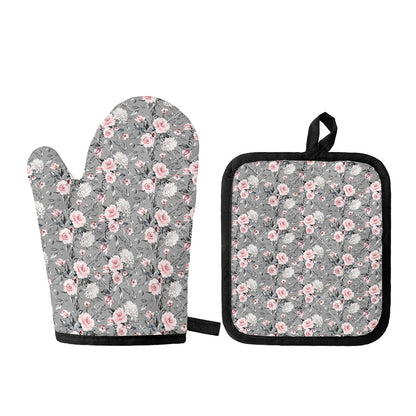 Monochrome Spring Floral Print Oven Mitt And Pot Holder Set