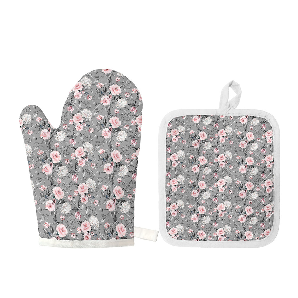 Monochrome Spring Floral Print Oven Mitt And Pot Holder Set
