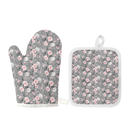 Monochrome Spring Floral Print Oven Mitt And Pot Holder Set