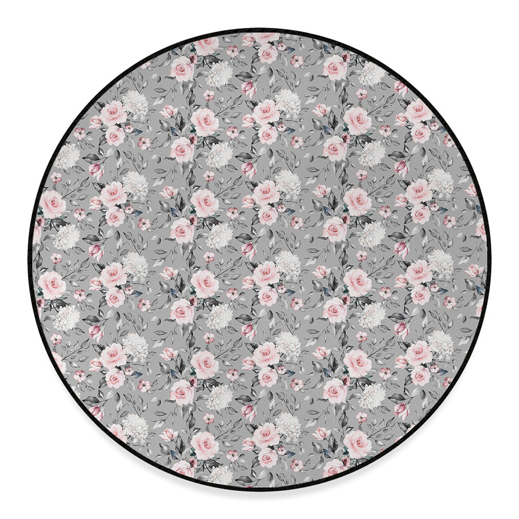 Monochrome Spring Floral Print Round Floor Mat