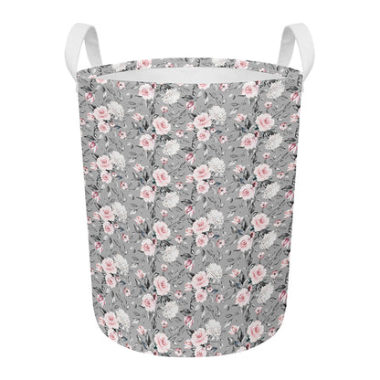 Monochrome Spring Floral Print Round Laundry Basket