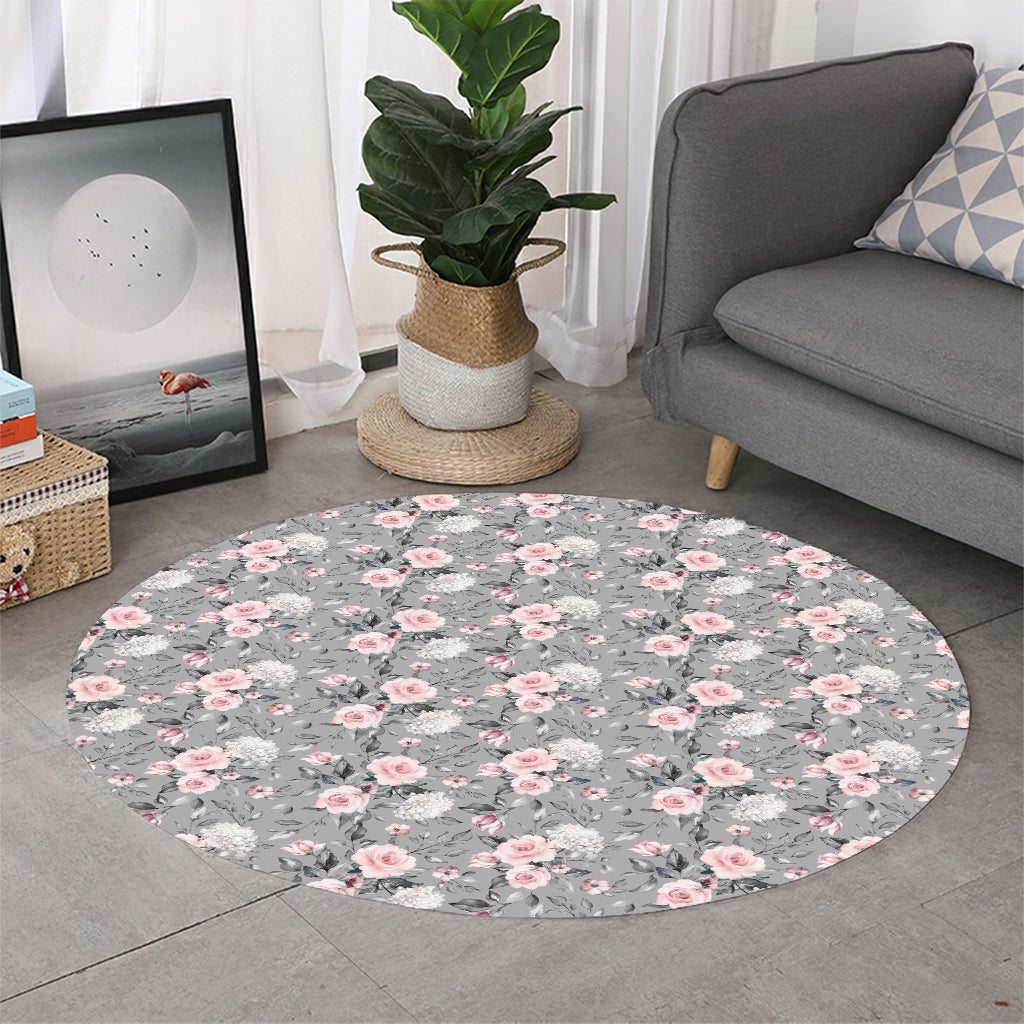 Monochrome Spring Floral Print Round Rug