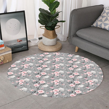 Monochrome Spring Floral Print Round Rug