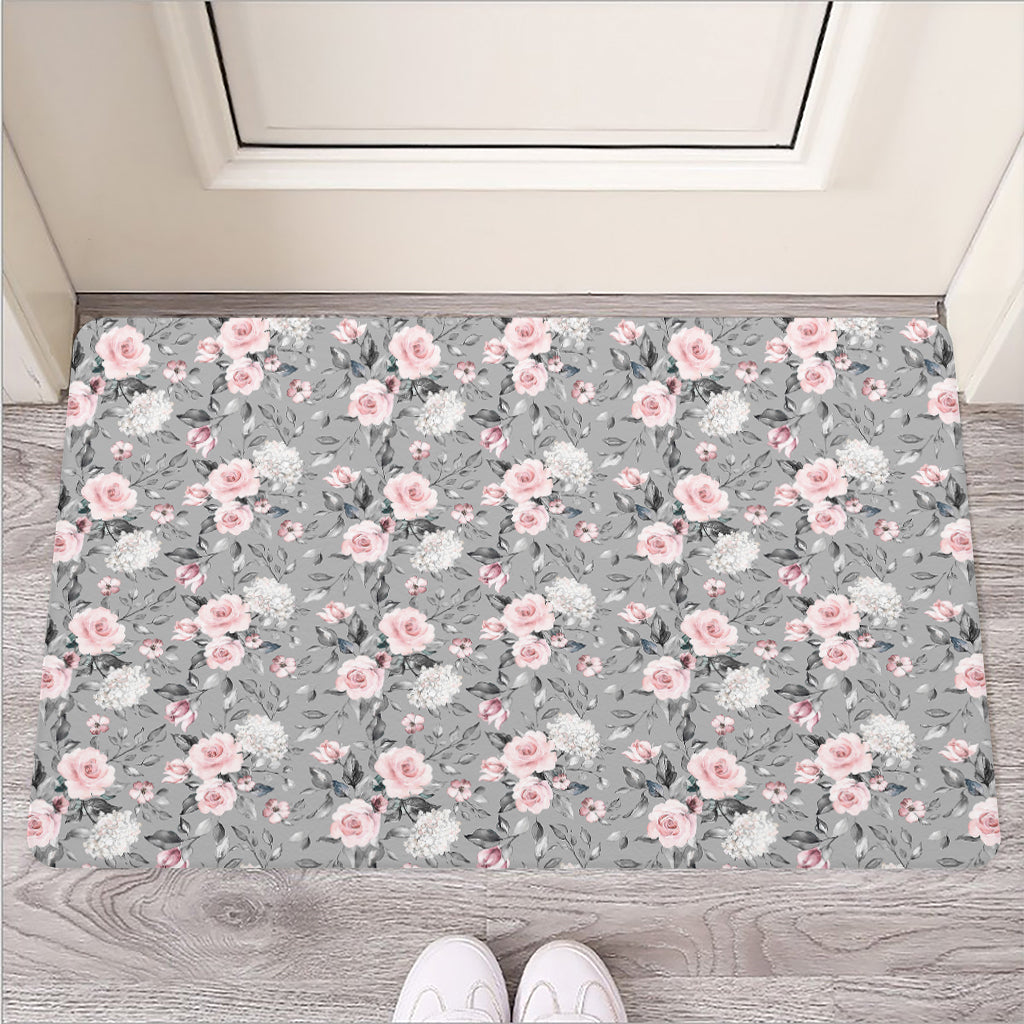 Monochrome Spring Floral Print Rubber Doormat