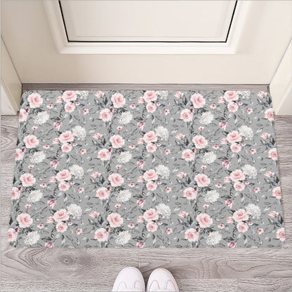 Monochrome Spring Floral Print Rubber Doormat