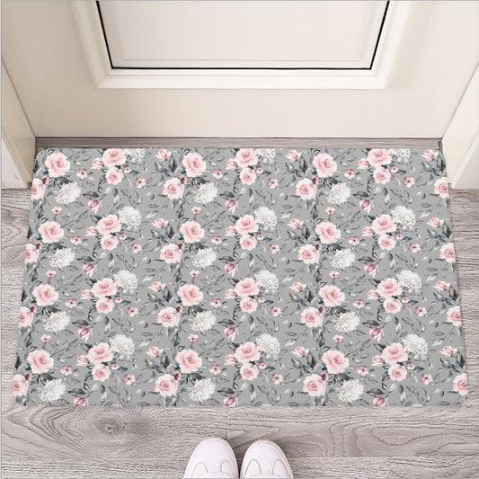 Monochrome Spring Floral Print Rubber Doormat