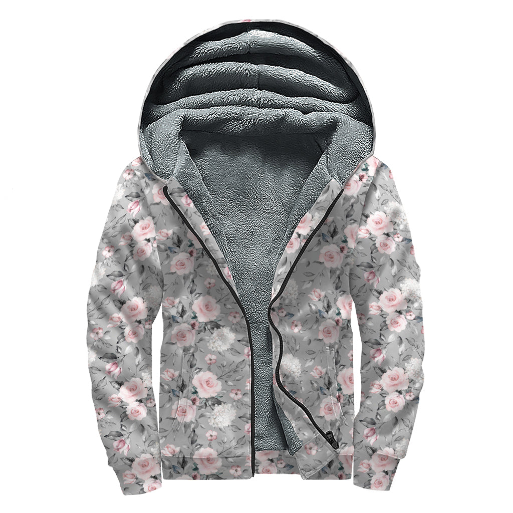 Monochrome Spring Floral Print Sherpa Lined Zip Up Hoodie