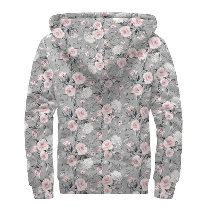 Monochrome Spring Floral Print Sherpa Lined Zip Up Hoodie
