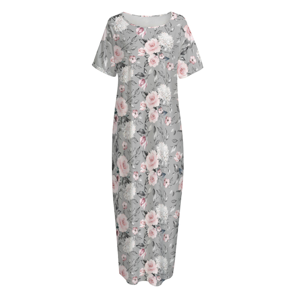 Monochrome Spring Floral Print Short Sleeve Long Nightdress
