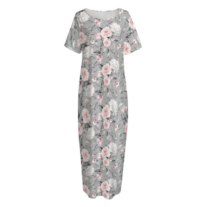 Monochrome Spring Floral Print Short Sleeve Long Nightdress