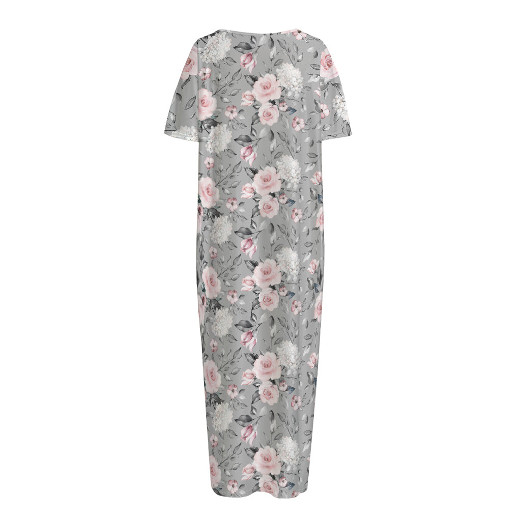Monochrome Spring Floral Print Short Sleeve Long Nightdress